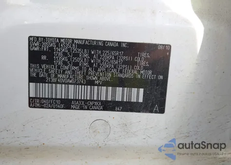 2010 Toyota Rav4 from USA, damaged, VIN 2T3BF4DV0AW073743